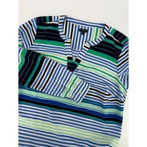 Talbots Shirt Woman 1X Blue Green Striped Blouse Top Lightweight Long Sleeve